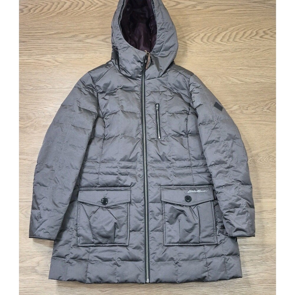 Eddie Bauer Down Parka Womens Large Petite Gray Hooded Quilted Warm Puffer Coat